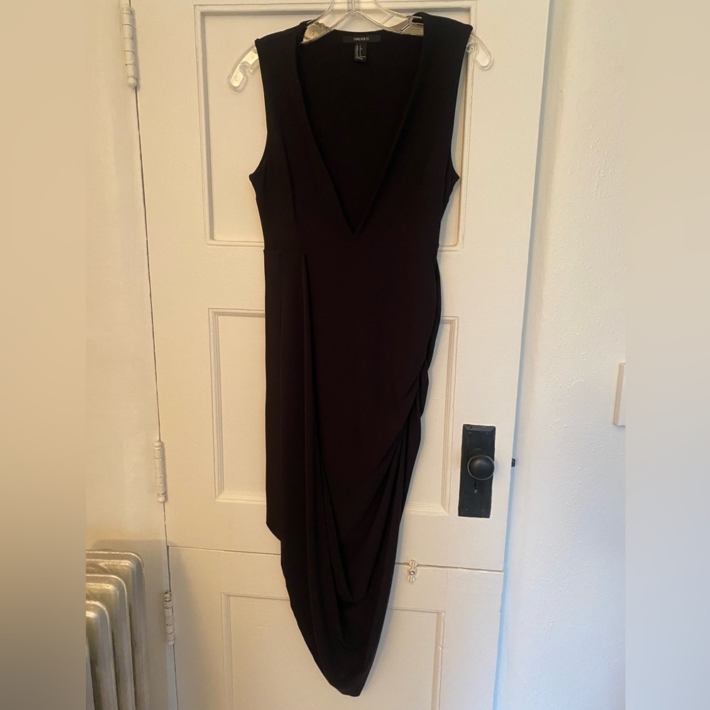 Forever 21 Deep V Black Asymmetrical Hem Midi Dress Size Small